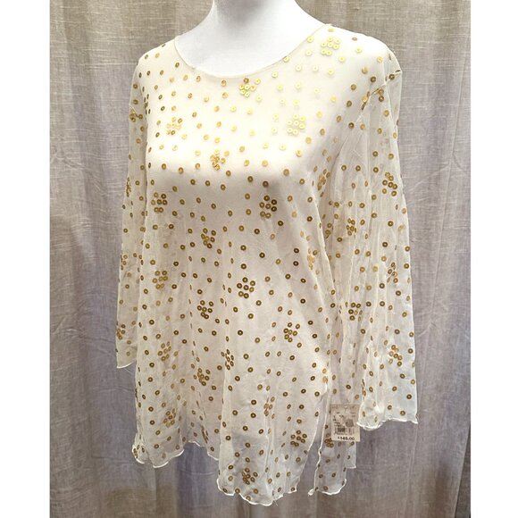 Sheer Ivory Top Embroidered with Gold Sequins Loose-Fitting & Flowing XS - Picture 7 of 10